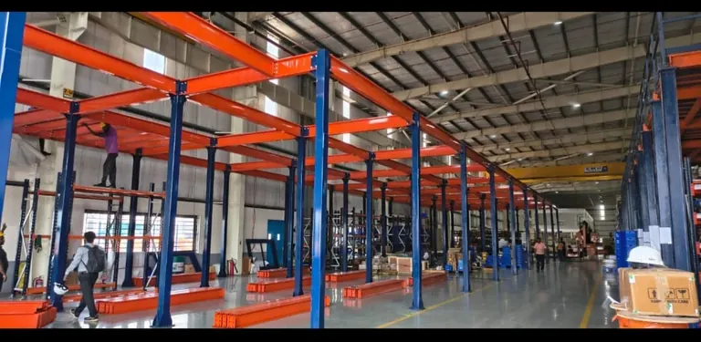 High-bay pallet racking aisle fabricated by Smart Weld Engineering